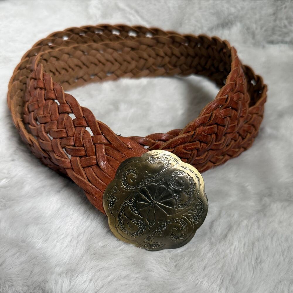 Classic Braided Brown Leather Belt with Decorative Brass Buckle
